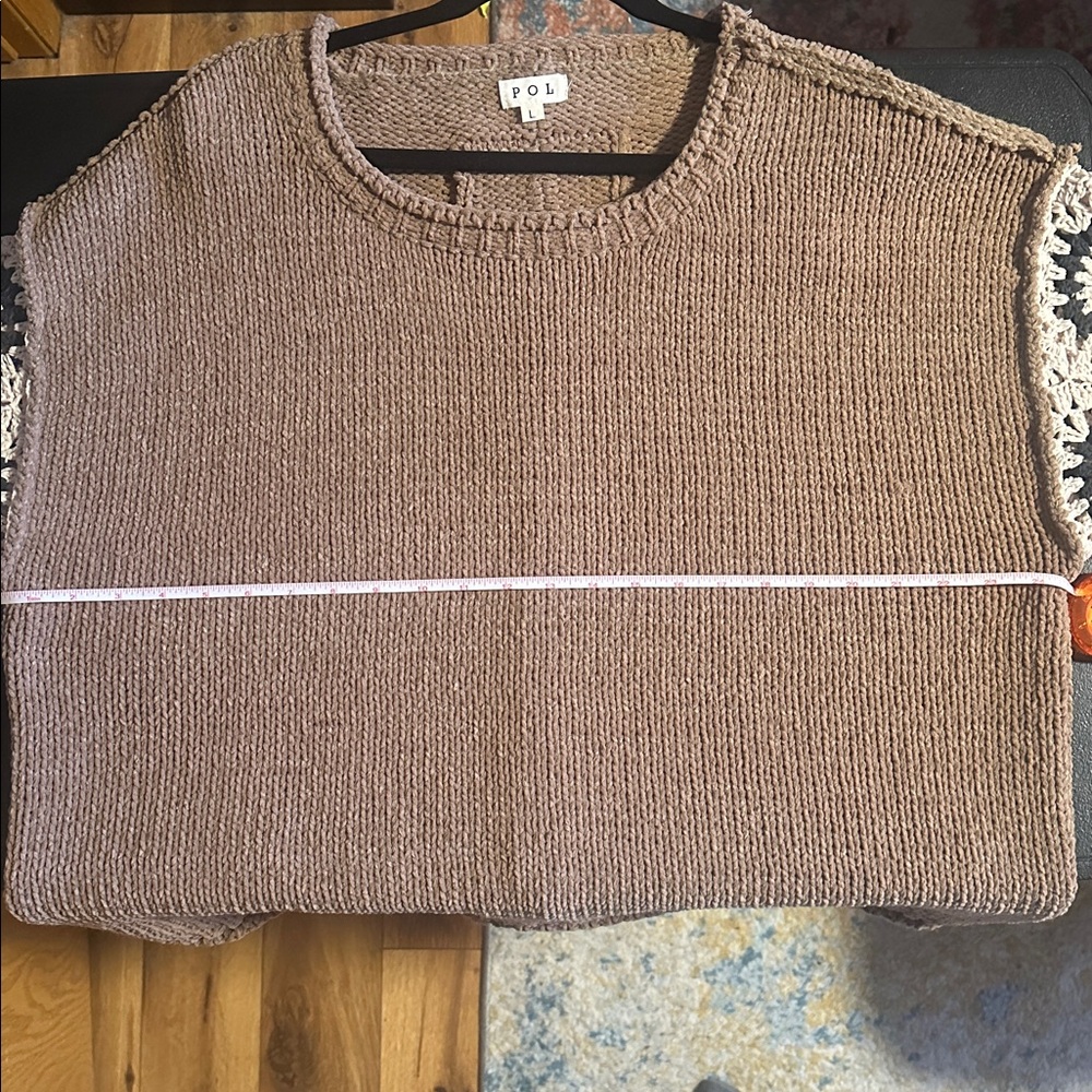 POL Brown Sweater, Cream Crochet Sleeves, dark blue squares, lighter center - Picture 7 of 9